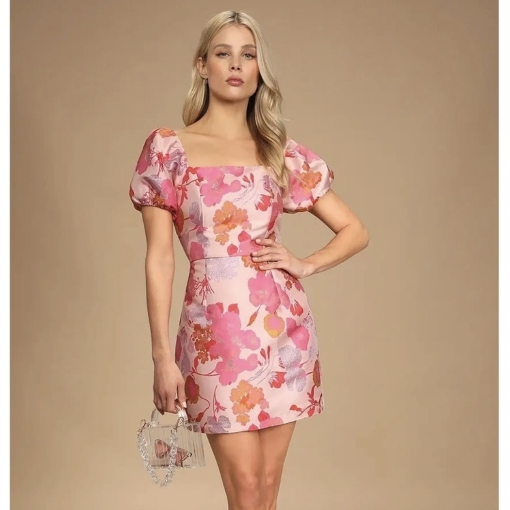 Lulus So Stunning Orange Multi Floral Jacquard Mini Dress Small